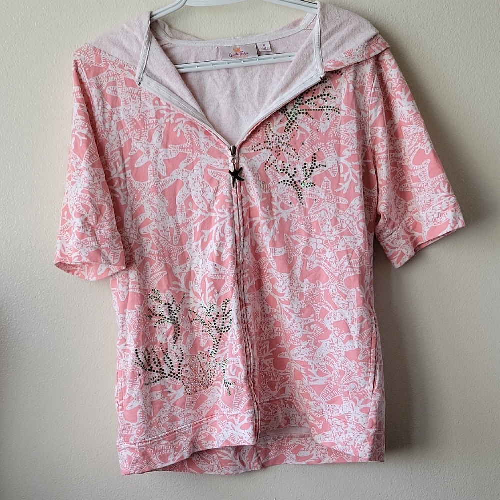 Quaker Factory Zip Up Jacket Coral Pink Starfish Pattern Jeweled Womens Small